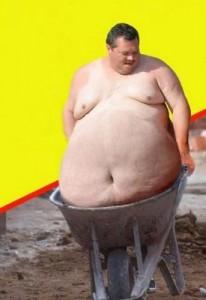 Fat boy needs wheelbarrow for stomach